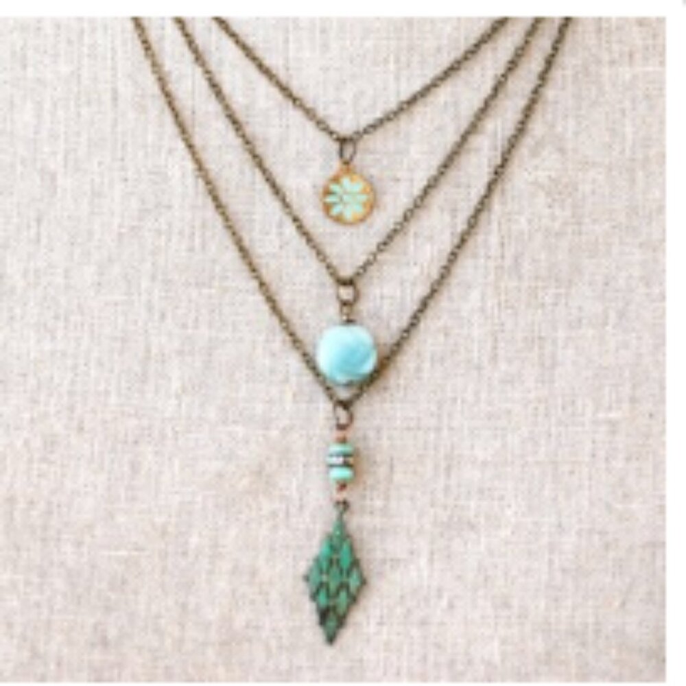 Boho Layered Charm Necklace: Antique Brass, Amazonite, Verdigris